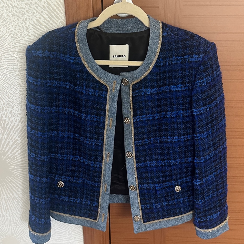 Sandro Women's Navy and Gray Tweed Blazer size 40 ( French size)